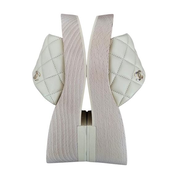 Chanel CC Wood Platform Sandal Slide Mule Size 39 US 8 8.5 Quilted Beige Leather - Picture 10 of 14
